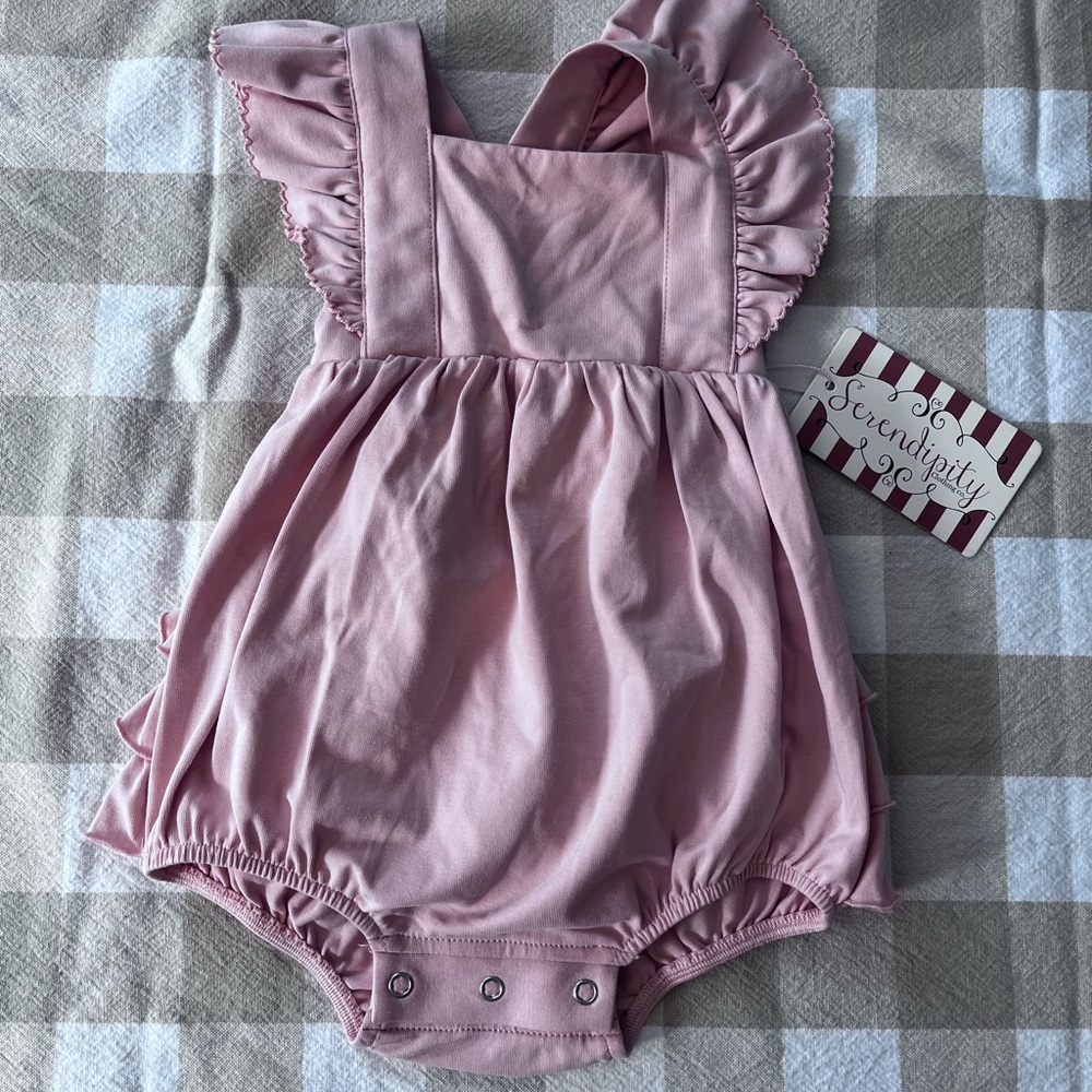 Serendipity- Pink Ruffled Baby Romper Pinafore- NWT
